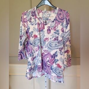Chico's NWT 3 US XL Cotton Slub Paisley Dance 3/4 Tee Alabaster Pullover Shirt